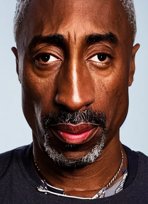 Image similar to dslr photo portrait still of 5 0 year old age 5 0 tupac at age 5 0, 8 5 mm f 1. 8, times magazine