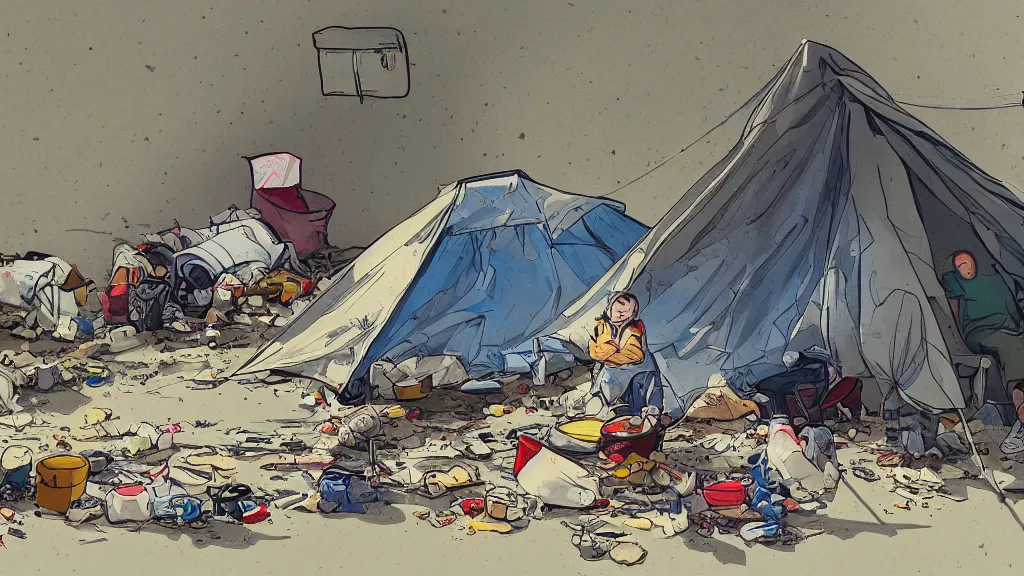Image similar to an illustration of a messy camping tent, with a kid sitting in the corner, waste everywhere, high contrast, highly detailed, sharp focus, digital painting, illustration, trending on artstation,