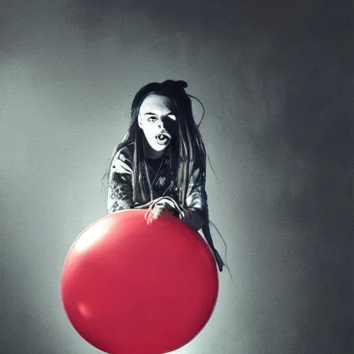 Prompt: grunge painting of a billie eilish with a wide smile and a red balloon by michal karcz, loony toons style, pennywise style, corpse bride style, rick and morty style, creepy lighting, horror theme, detailed, elegant, intricate, conceptual, volumetric light