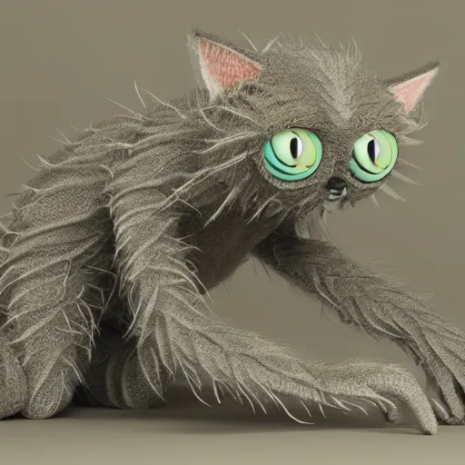 Image similar to cute furry hybrid cat - like plant creature with many eyes, many arms, many legs with radial symmetry leaf hands detailed character concept 3 d pixar style render 4 k