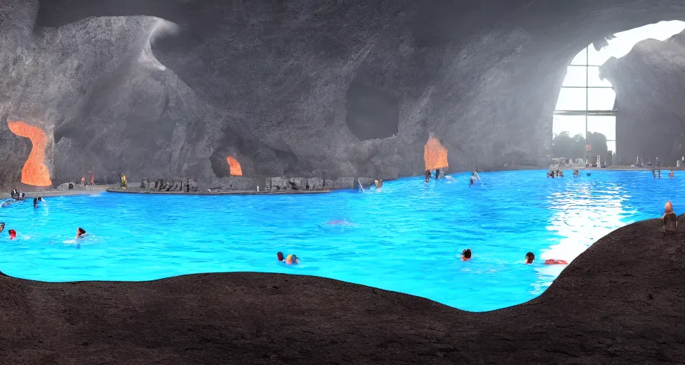 Image similar to swimming pool inside a volcano. Instead of water, there is lava and people are swimming and playing inside. 4k, high detail, volumetric lighting