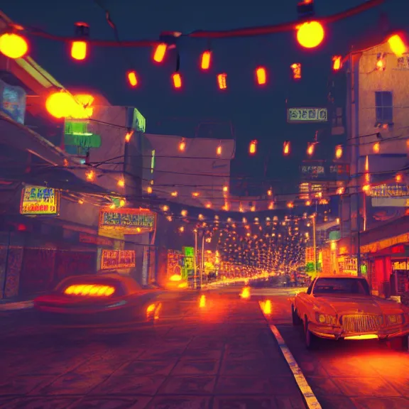 Image similar to Downtown Mexico, string lights, colorful lighting, night, realism, rule of thirds photo, intricate abstract, ((gta 5 screenshot house)), by Tooth Wu, by Greg Rutkowski, studio Ghibli