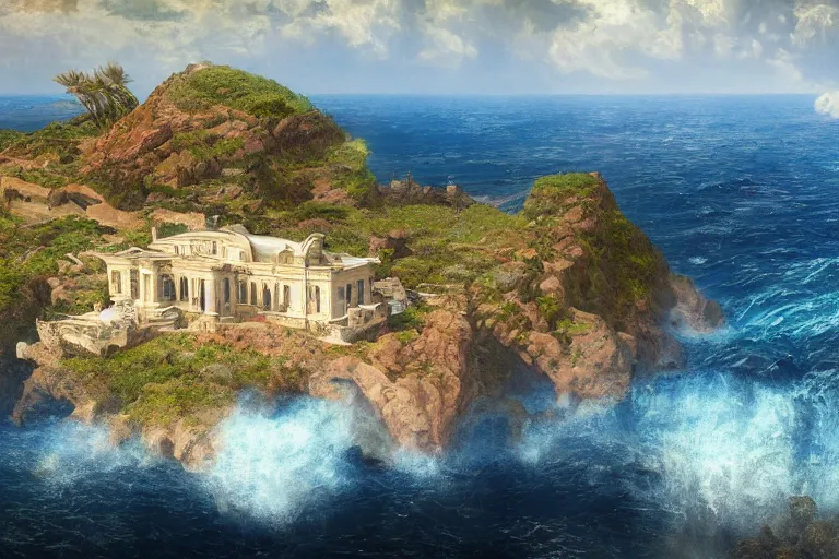 Prompt: lovely villa sits atop a broad cliff, overlooking the entirety of the blue sky, digital painting by greg rutkowski and gaston bussiere, zbrush, cgsociety contest winner, comprehensive art, intricate, landscape photography, brightly radiant atmosphere, overcast sky, homogeneous to hawaii, 4 k, 8 k