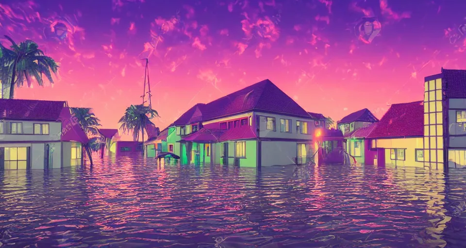 Prompt: 80s vaporwave outrun 3d Render of a german town being flooded at dusk, retro, grainy, noisy