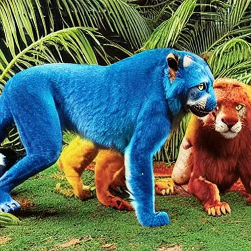 Prompt: a brazilian - themed megazord, composed of a jaguar, a blue arara, a golden lion tamarin, a guara wolf and a capibara