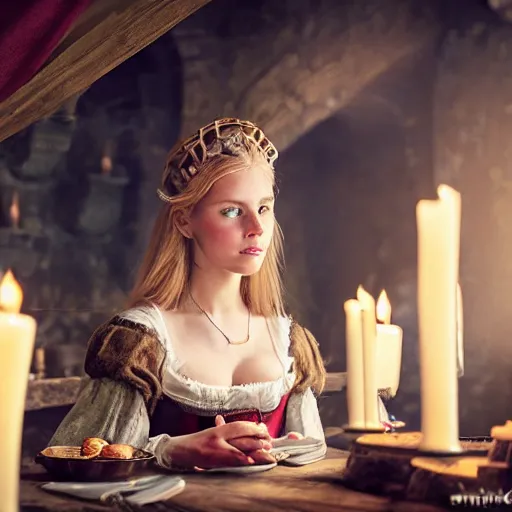 Image similar to young attractive beautiful scandinavian woman wearing 1 8 th century stay in a medieval tavern at night with candles, wow 4 k detail fantasy, matte painting, realistic materials, photo realistic, postprocessing, cinematic, hyperrealistic, studio lighting, ekaterina, the tudors, photography by richard jenkins