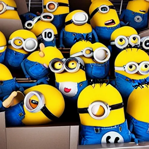 Prompt: Minions made out of Hostess Twinkies being placed into a box at the factory.