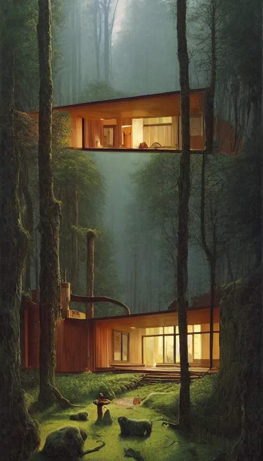 Image similar to cozy ultra modern home in the woods moody lighting, highly detailed, painting by zdzisław beksinski and norman rockwell and greg rutkowskiweta studio, and lucasfilm