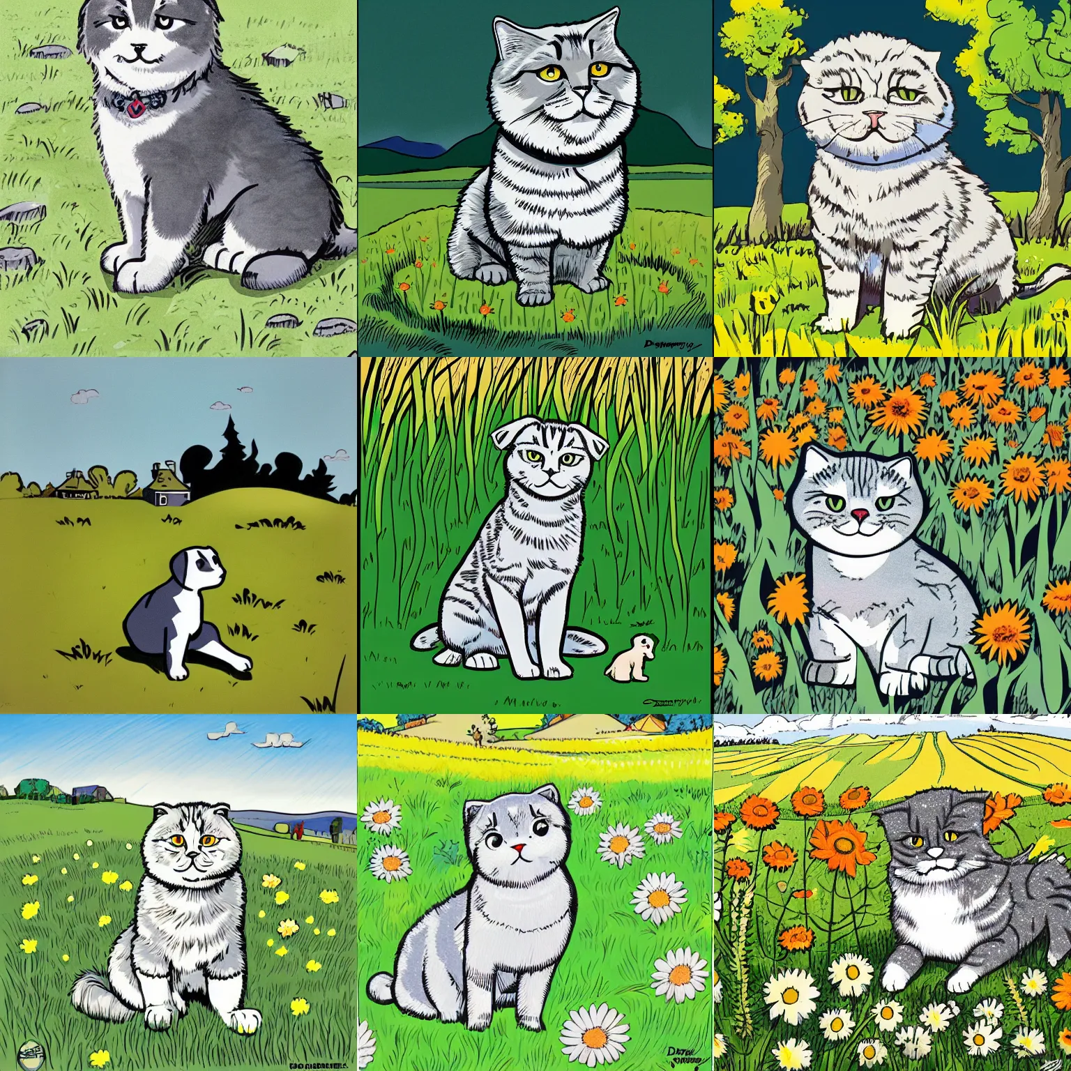 Prompt: a gray scottish fold sitting in the middle of sunny meadow, colored, by darwyn cooke