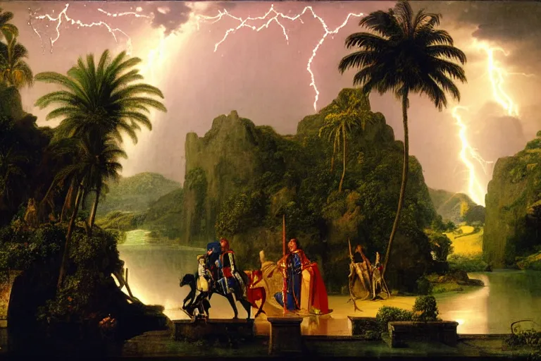 Image similar to Knight leaving the palace through the bridge, refracted sparkles, thunderstorm, beach and Tropical vegetation on the background major arcana sky and symbols, by paul delaroche, hyperrealistic 4k uhd, award-winning, very detailed paradise