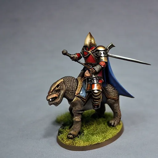 Prompt: Warhammer mini of medieval english knight with sword riding a dinosaur