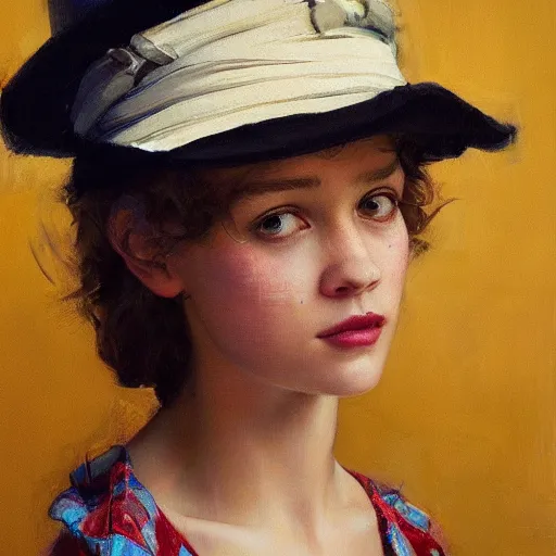 Image similar to A portrait of a sincere-looking girl, oil on canvas, wearing a hat made by wires ,masterpiece, hi-fructose, artgerm , Norman rockwell, craig mullins, n, trending on pxiv, highly detailed face, clear eyes concept art, hdri, 4k-