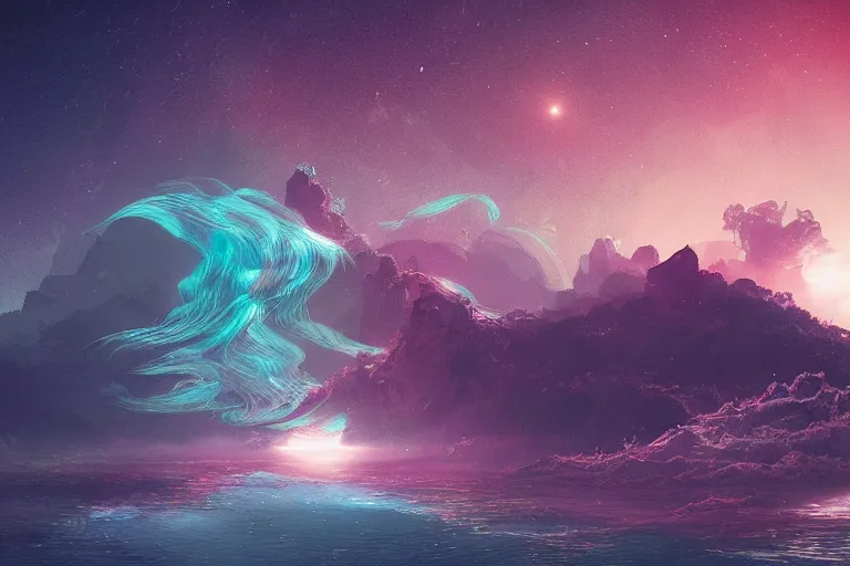 Image similar to glitched fantasy painting, the night sky is an upside down ocean, digital rectangular vhs glitches, digital noise, the stars are fish in the depths, the night sky is a sea, distant nebula are glowing algae, the moon is an anglerfish by jessica rossier