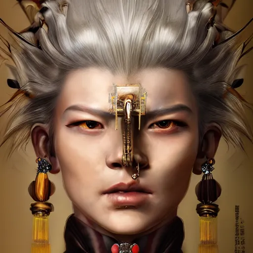 Image similar to portrait, headshot, insanely nice professional hair style, dramatic hair color, digital painting, of a old 17th century, old cyborg merchant, Chinese Three Kingdoms, amber jewels, baroque, ornate clothing, scifi, realistic, hyperdetailed, chiaroscuro, concept art, art by Franz Hals and Jon Foster and Ayami Kojima and Amano and Karol Bak,