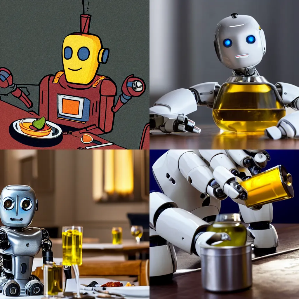 Prompt: a robot sitting down at a dinner with a can of oil