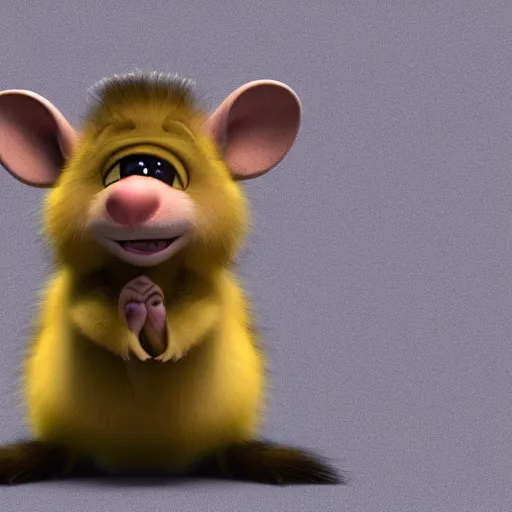 Image similar to an anthropomorphic rat, by pixar, 3 d, sad, lonely, moody lighting, wearing gold jewellery, wearing a fur coat, wearing a fur coat