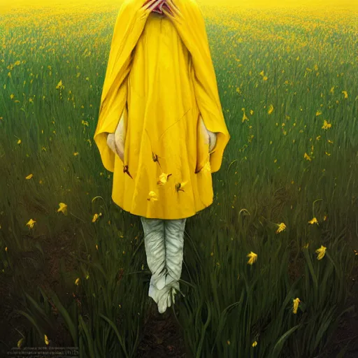 Image similar to medium shot, tilda swinton face fused with daffodil, head covered with leaves, inside the flower, daffodils field, highly detailed, unreal engine, 3 d art, digital art, painting by greg rutkowski