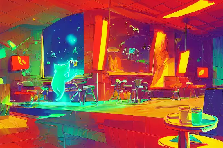 Prompt: a digital art of a cat sits on a chair in a luminous disco bar, animal, light effect, highly detailed, by anton fadeev