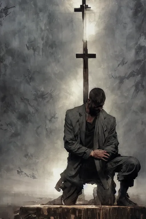 Image similar to man kneeling at the foot of a wooden cross, dramatic lighting art by Yoji Shinkawa by Richard Schmid by greg rutkowski by Sandra Chevrier by Jeremy Lipking cinematic dramatic, by frank miller, illustration by Ruan Jia and Mandy Jurgens and William-Adolphe Bouguereau, Artgerm, 4k, digital art, surreal, space dandy style, highly detailed, godsend, artstation, digital painting, concept art, smooth, sharp focus, illustration by Ruan Jia and Mandy Jurgens and William-Adolphe Bouguereau, Artgerm