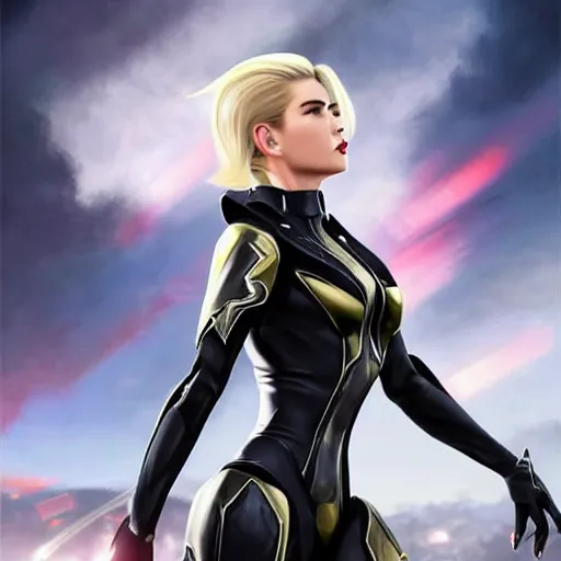 Image similar to A combination of Ada Wong's and Grace Kelly's and Ashley Greene's appearances with blonde hair wearing Interceptor's armor from Anthem, high tech, action shot, angular, full body portrait, futuristic, dramatic, fantasy, intricate, elegant, highly detailed, artstation, matte, sharp focus, 8K, art by Artgerm and Greg Rutkowski and Alphonse Mucha