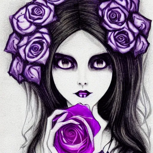 Prompt: a gothic girl holding a purple rose and looking at it, artistic,