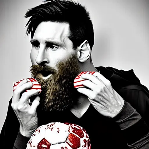 Image similar to lionel messi with a majestic beard eating a kfc zinger by yaacov agam