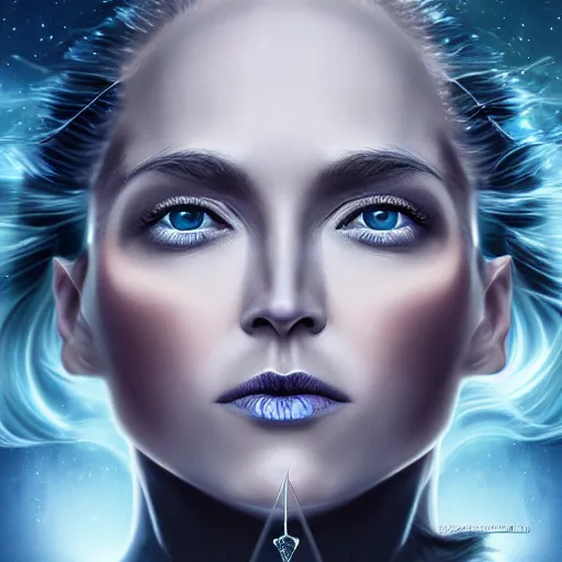 Prompt: masterpiece portrait of an aesthetic elegant mage woman, ice spell, 3 0 years old woman, sharon stone like, soft face, black dynamic hair, wearing silver diadem with blue gems inlays, silver necklace, painting by joachim bergauer and magali villeneuve, atmospheric effects, chaotic blue sparks dynamics in the background, intricate, artstation, instagram, fantasy