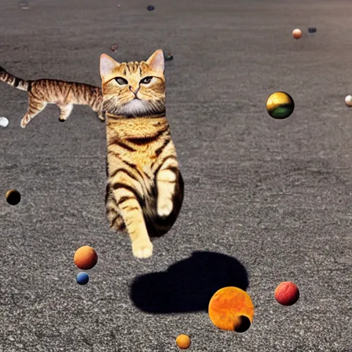 Image similar to the solar system exploded and a cat was blown away