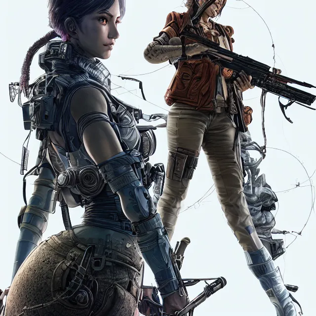 Image similar to the portrait of lawful neutral female cyberpunk infantry sniper as absurdly beautiful, gorgeous, elegant, young woman looking up, an ultrafine hyperdetailed illustration by kim jung gi, irakli nadar, intricate linework, bright colors, octopath traveler, final fantasy, unreal engine 5 highly rendered, global illumination, radiant light, detailed and intricate environment