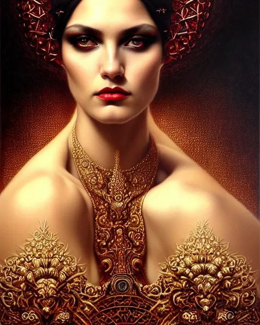 Image similar to portrait of a beautiful goddess, enigmatic beauty, dominant shades of black, gold silver, dark red, white, head in focus, fantasy art, ornamental aesthetics, intricate, elegant, highly detailed, hyperrealistic, artstation, concept art, soft illumination, painterly, sharp focus, art by karol bak