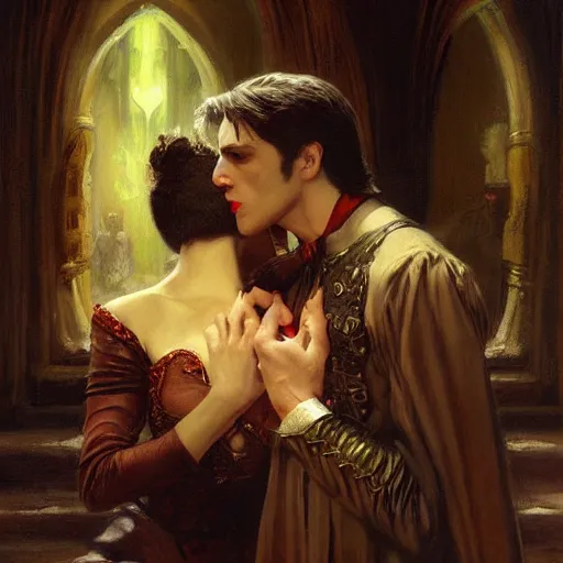 Image similar to attractive male, arthur pendragon confesses his love to attractive male dracula the vampire. highly detailed painting by gaston bussiere, craig mullins, j. c. leyendecker 8 k