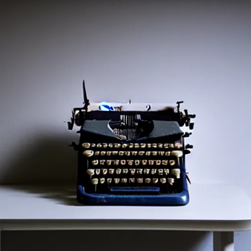 Image similar to painting of a typewriter on a desk in a dimly lit room, volumetric lighting, style of greg rutkowski