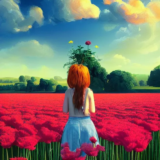 Prompt: giant carnation flower face, girl in a flower field, surreal photography, sunrise dramatic light, impressionist painting, colorful clouds, digital painting, artstation, simon stalenhag, flower face