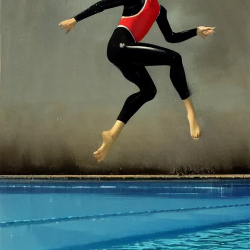 Prompt: a blond lifeguard in a wetsuit jumping into the pool. Kuvshinov ilya. Repin. Phil Hale