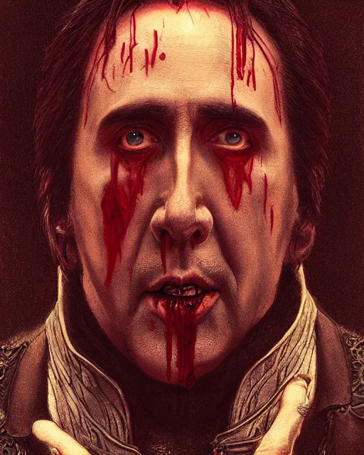 Prompt: nicolas cage as dracula, drink blood, highly detailed, centered, artstation, concept art, smooth, sharp focus, illustration, bokeh art by artgerm and donato giancola and joseph christian leyendecker zdzisław beksinski