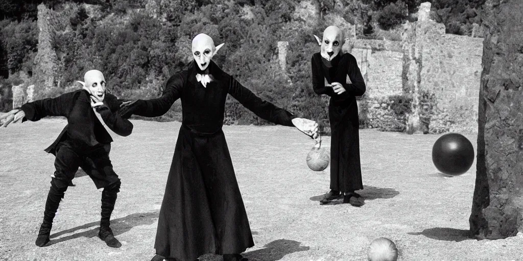 Image similar to nosferatu is playing petanque balls in south of france