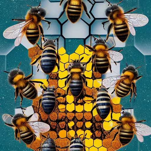 Prompt: a team of bee nerds, hyperrealistic, digital art, 4 k