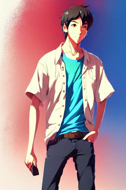 Image similar to concept art of a male guy in his mid twenties, street clothes, hawaiian t - shirt, vice city, shinkai makoto studio ghibli studio key hideaki anno sakimichan stanley artgerm lau rossdraws james jean marc simonetti elegant highly detailed digital painting artstation pixiv