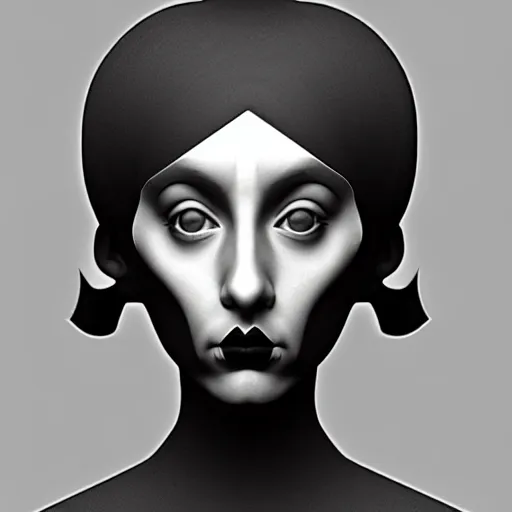 Image similar to An abstract portrait of a girl with black hair against dark grey background, detail oriented work inspired by M.C Escher and the surrealist movement, rendered using photoshop, sony vegas pro 2019 and pixologic's zbrush