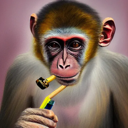 Image similar to monkey smoking weed, cinematic, 4 k, oil painting