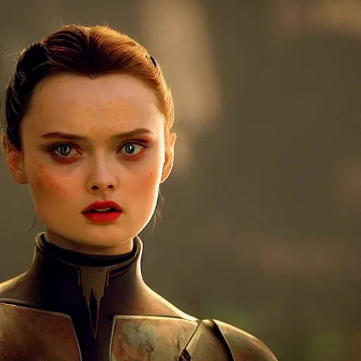 Image similar to bella heathcote as padme amidala at the battle of geonosis, golden hour, cinematic