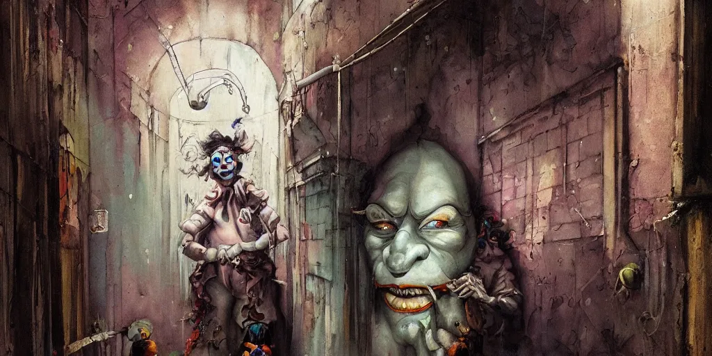 Prompt: a clown portrait in cloistered alleyway dreaming of a circus, in the style of peter mohrbacher by weta digital and francis bacon, high face symmetry, intricate, masterpiece, award winning, high face symmetry, intricate