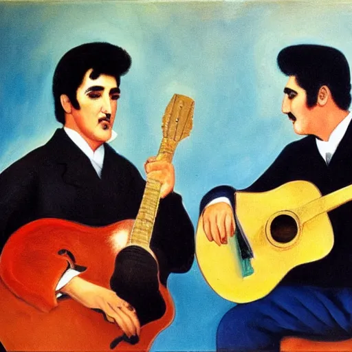 Prompt: elvis and marcel proust jamming together in paris, 1 9 2 2, oil painting,