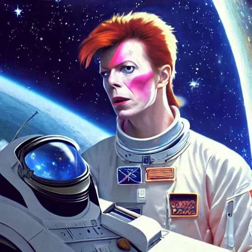 Prompt: close up portrait of david bowie and astronaut major tom, sit on the dark side of the moon, listen to pink floyd on an old cassette recorder and smoke a ganja joint, enjoying the contemplation of deep space with millions of galaxies : baroque oil painting anime, by greg rutkowski makoto shinkai takashi takeuchi studio ghibli