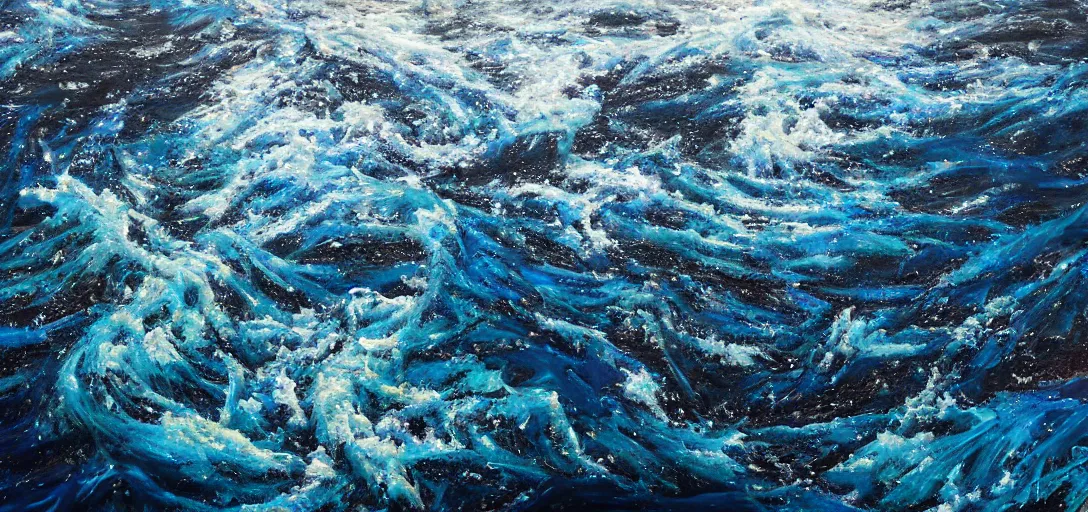 Prompt: photorealistic oil painting of an oil spill in the ocean, oil painting, hyper realism, hyper realistic, realism, realistic, hyper detailed, detailed, ultra detailed, 8 k, sad, emotional, dramatic, 8 k