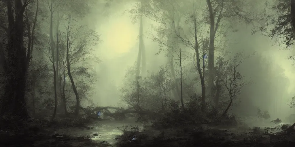Image similar to [ a dark scene of a dense forest at night with a gentle stream through it, moonlight through trees, volumetric light and mist, fog, a dead fallen tree lays in the water ], andreas achenbach, artgerm, mikko lagerstedt, zack snyder, tokujin yoshioka