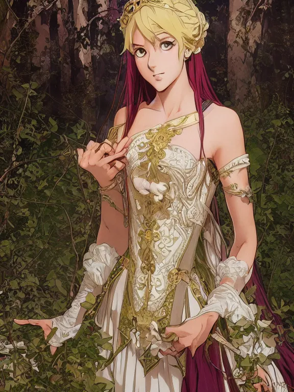 Image similar to anime key visual closeup of amora the enchantress wearing a medieval gown!! intricate, magical forest, stunning, highly detailed, digital painting, artstation, smooth, hard focus, illustration, art by artgerm and greg rutkowski and alphonse mucha