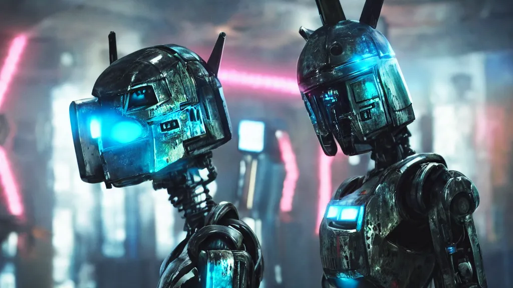 Image similar to film still from the movie chappie of the robot chappie shiny metal indoor dance party neon rave scene bokeh depth of field several figures furry anthro anthropomorphic stylized cat ears head android service droid robot machine fursona