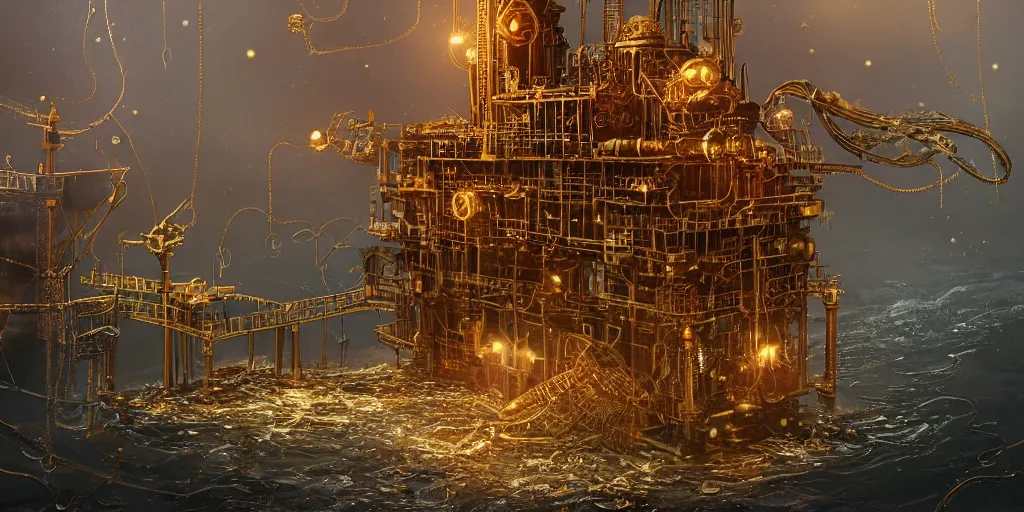 Image similar to golden steampunk oilrig in the sea, coins flying, intricate, very very beautiful, elegant, highly detailed, digital painting, artstation, concept art, smooth, sharp focus, illustration, WLOP