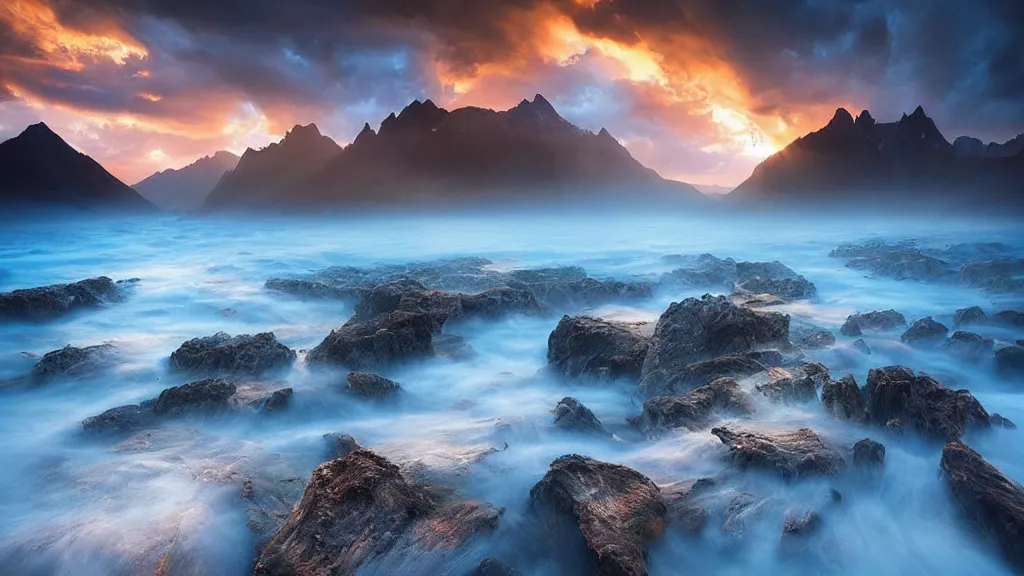 Image similar to amazing landscape photo by marc adamus, beautiful dramatic lighting